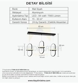Resim TT AYDINLATMA Tt006-3s-sy Minyon Modeli (Sarı Işık Led) 3 Lü Mat Siyah Sıralı Led Avize Siyah 80 x 65 