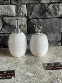 Resim Polen Stone Elips Model Mermer Sıvı Sabunluk Ve Kapaklı Pamukluk 2'li Set 