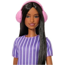 Resim Barbie Mor Çizgili Elbiseli Fashionistas Bebeği JJN58 