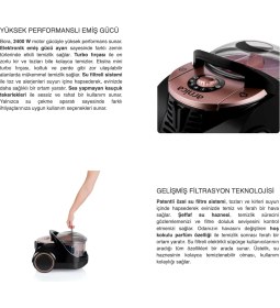 Resim Arnica Turbo Başlıklı Su Filtreli ve Yüksek Performanslı Elektrikli Süpürge Rose 2400 W Motor Gücüne Sahip Elektronik Emiş Ayarlı Sessiz Tekerlekli Cihaz 