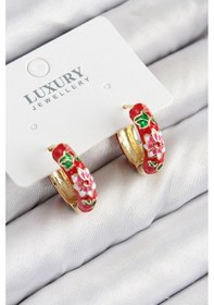 Resim Pirinç Gold Renk Kırmızı Çiçek İşleme Mineli Kadın Küpe Altın 