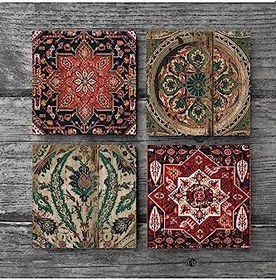Resim Vintage Desen Taş Bardak Altlığı Seti - 4 Parça - Dekoratif, Rustik Mutfak Aksesuarı, 10x10 cm, Kaydırmaz Tabanlı, Şık ve Dayanıklı SC499 