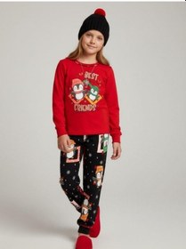 Resim Kız Çocuk Pamuklu Best Friends Penguen Baskılı Pijama Takımı-16822 Kırmızı 