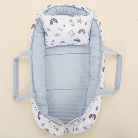 Resim Babynest ve Yastık - Çift Taraflı - Bebe Mavi Petek - Mavi Kedi 