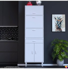 Resim Modilayn Ennet: 60x194.6x48 Cm. Ekmeklikli Kiler Dolabı. 1 Çekmece, 5 Kapaklı. Mutfağınıza Özel Beyaz 