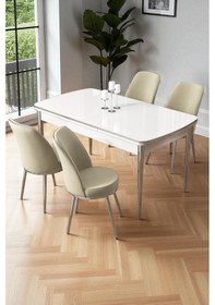 Resim Canisa Nira Serisi 70x114 Mdf Açılabilir Beyaz Mutfak Masa Takımı 4 Krem Sandalye Krom Detay Beyaz Masa Krem Sandalye Ayaklar Krom 