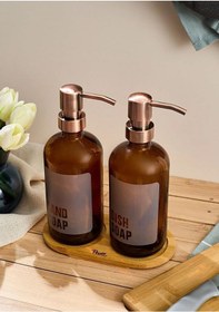 Resim Lozione 2 Li Mutfak Sıvı Sabunluk Seti - Bambu Stantlı Sıvı Sabunluk Takımı - 2x500 Ml, Amber Amber 