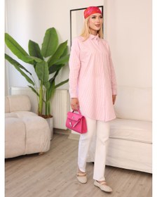 Resim Pembe Beyaz Çizgili Oversize Uzun Tunik Gömlek Tesettür Uyumlu Salaş Rahat Kalıp Gömlek 