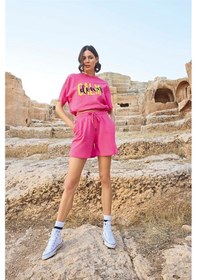Resim Monamise Kadın Kısa Kollu "calm Down" 3'lü Crop Şort Takımı 23088-pembe Pembe 