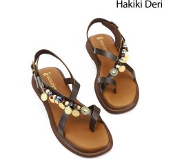 Resim Gönderi(r) Kadın Kahverengi Boncuklu Parmak Arası Hakiki Deri Sandalet 