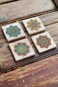 Resim Oscar Stone Decor Baskılı Doğaltaş Bardak Altlığı 4'Lü Set Desen Tile 4Dsn-360 
