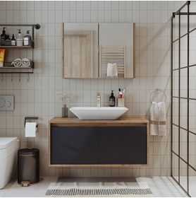 Resim ROOMART Tm7.2 Lavabolu Ahşap-antrasit Mdf 100 Cm Banyo Dolabı + Aynalı Banyo Üst Dolabı 