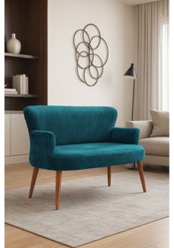 Resim Roma Modern İkili Koltuk - Babyface Kumaş - Kapitonesiz - Ahşap Ceviz Renk Ayak - Petrol Petrol 