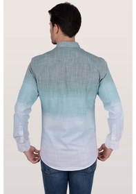 Resim Panolu Yeşil Beyaz Geçişli Slimfit Keten Erkek Gömlek Yeşil 