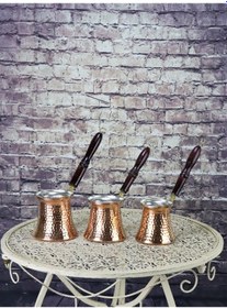 Resim Ahşap Saplı Üçlü Bakır Cezve Takımı 3-4-5 Fincanlık 