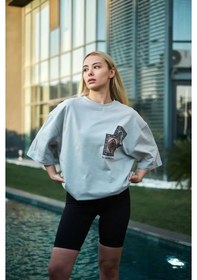 Resim Ge Ticaret Unisex Bisiklet Yaka Baskılı Oversize T-shirt - Boyalı Gri Gri 