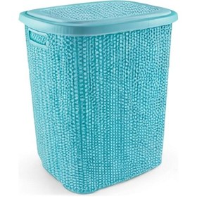 Resim Kirli Çamaşır Sepeti Kapaklı 65 Lt Örgü Desenli Plastik Çamaşır Sepeti Banyo Sepeti - Turkuaz Renkli 