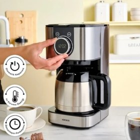 Resim Karaca Çelik Gövdeli Zaman Ayarlı Filtre Kahve Makinesi, 12 Fincan Kapasiteli, Aroma Ayarlı, Pratik Kullanımlı, Geniş Hazneli Modern Mutfak Yardımcısı, Enerji Verimli Kullanım Odaklı 