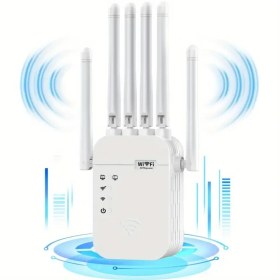 Resim WiFi Genişletici, WiFi Güçlendirici 6 Kat Daha Güçlü 1200Mbps, 9000+ Metrekare, 35 Cihaz, 2 Mod, 1 Dokunuş Ayarı, 6 Anten 360° Tam Kapsama, Ethernet Bağlantı Noktası Desteği, Güç Kaynağıyla Birlikte, 220V-240V, Avrupa Standart Fiş, Pil Gerektirmez 