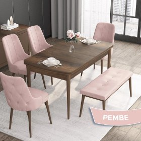 Resim Canisa Concept Roy Serisi, 80 x 132 cm Mdf Masa Takımı, Barok Ahşap Desen Masa 4 Sandalye 1 Bench 