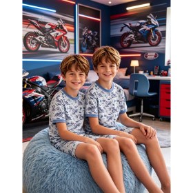Resim NiCe İç Giyim Motorsiklet Temalı Mavi Renk Kısa Kol T-Shirt & Şort Bisiklet Yaka Erkek Çocuk Pijama Takım Pamuk Penye 