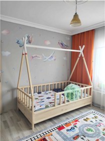 Resim Bir Başka Çocuk Kızılderili Çatı Ucu Beyaz-turuncu Montessori Yatak 
