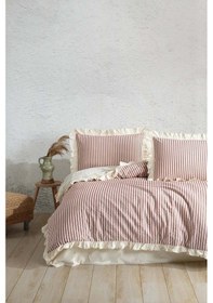 Resim Kırmızı Bej % 100 Pamuk Fırfırlı Çift Kişilik Nevresim Takımı Çok Renkli 