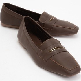 Resim Irıdessa Kahverengi Cilt Hakiki Deri Tokalı Küt Burun Kadın Loafer Ayakkabı Kahverengi Deri 