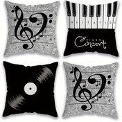 Resim 4'lü Müzik Temalı Yastık Kılıfları, 45x45cm, Polyester, Piyano, Notlar ve Disk Tasarımları, İç Mekan Dekoru ve Parti Süslemesi için Fermuarlı Yastık Kılıfları, Makinede Yıkanabilir, MEMNUN 