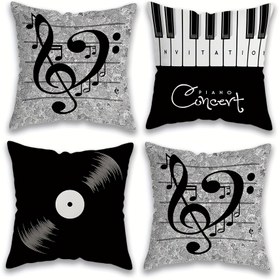 Resim 4'lü Müzik Temalı Yastık Kılıfları, 45x45cm, Polyester, Piyano, Notlar ve Disk Tasarımları, İç Mekan Dekoru ve Parti Süslemesi için Fermuarlı Yastık Kılıfları, Makinede Yıkanabilir, MEMNUN 