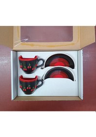 Resim Konak Züccaciye 2'li Kabartmalı Kirazlı Kahve Fincan Takımı Kırmızı - Siyah 