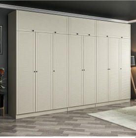 Resim Kale 8 Mebran Panjur Kapaklı 4 Çekmeceli Dolap Ve Yüklük Kumtaşı 235cm Bej 