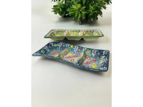 Resim Artistic Quality Dekoratif 2 Adet 3'er Bölmeli Şık Lale Çini Tasarımlı Kahvaltılık-Çerezlik-Sosluk 