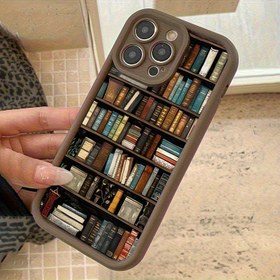 Resim 1 adet Kitaplık Kitap Desenli Kahverengi Bambu Telefon Kılıfı, Iphone 16, 15, 14, 13, 12, 11 Pro Max Plus, 7, 8, X, XR, XS Max Serisi için Uygun. Kitaplık Kitap Tasarımı ile Yumuşak Kılıf, Çift Telefon Kılıfı, Tatil Hediyesi, Erkek Arkadaşlar ve Kız Arkadaşlar için Hediye Uygun. 