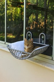 Resim Tasaryum Kedi ve Köpek El Örgüsü Vantuzlu Cam Yatağı, Kedi Hamağı Puf Minderli Gri 