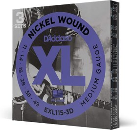 Resim D'Addario Gitar Telleri - XL Nikel Elektro Gitar Telleri - EXL115-3D - Mükemmel Tonasyon, Tutarlı His, Güvenilir Dayanıklılık - 6 Telli Gitar İçin - 11-49 Orta, 3'lü Paket 