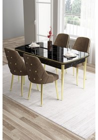 Resim Canisa Tia Serisi 80x132 Açılabilir Mdf Siyah Mermer Desen Gold Detay Masa Takımı Ve 4 Kahverengi Sandalye Masa Siyah Mermer Desen Sandalye Kahve 