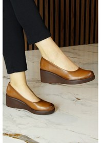 Resim Erkan Saçmacı Mabel Taba Hakiki Dana Derisi Yuvarlak Burun Dolgu Topuklu Günlük Ayakkabı Taba 