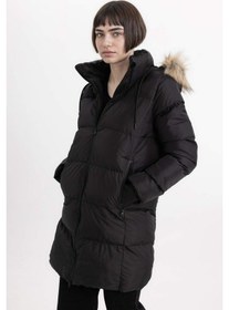 Resim DeFacto Su İtici Şişme Uzun Mont Parka Rüzgar Geçirmez Fermuarlı Suni Kürk Çıkarılabilir Kapüşonlu A4105AX24SPBK27 Siyah 