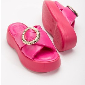 Resim Büyük Tokalı Kalın Taban Cilt Fuşya Kadın Dolgu Topuk Terlik-3004-Fuşya 