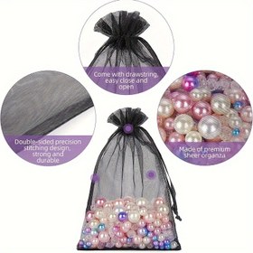 Resim 50/100 adet Çekme Cordlu Siyah Organza Hediye Çantaları - Çift Taraflı Hassas Dikiş, Takı, Düğün Hediyeleri ve Tatil Hediyeleri için Dayanıklı Kumaş, Hediye Paketleme Malzemesi 