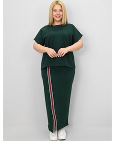 Resim Koza Butik Kadın Büyük Beden Kısa Kollu Şeritli Etek Takım 8204-25 