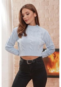 Resim Yarım Balıkçı Yaka Saç Örgülü Kısa Crop Bebe Mavisi Kazak Bebe Mavisi 