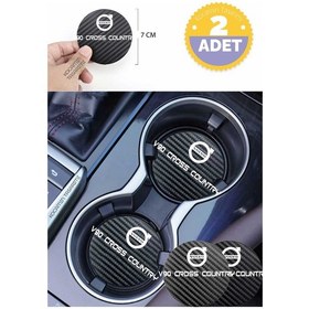 Resim Volvo V90 Cross Country Siyah Karbon Araç Bardak Altlığı Volvo Logolu V90 Cross Country Özel Üretim 2 Adet 7 Cm 2 Adet 
