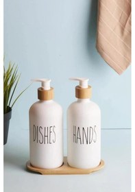 Resim 2 Li Beyaz Mutfak Sıvı Sabunluk Seti 500ml+500ml Bambu Standlı 