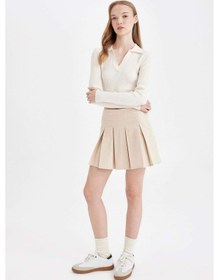Resim Defacto Coool Piliseli Normal Bel Basic Düz Gabardin Mini Etek D5265AX24AUER42 Ekru 