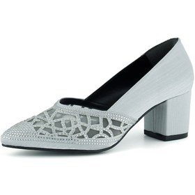 Resim Erkan Saçmacı Patricia Gümüş Saten Taşlı Fileli Sivri Burun Kalın Topuklu Abiye Ayakkabı Gümüş 
