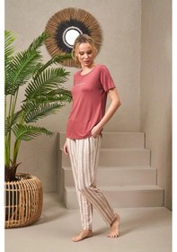 Resim Pjs 25135 Kadın Yuvarlak Yaka İnci Taş Baskılı Çizgili Pijama Takım 001 