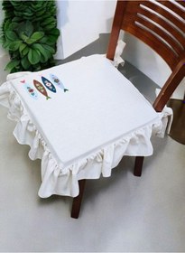 Resim El Yapımı Buldan Yıkanmıs Keten Balık Nakıslı Fırfırlı Sandalye Minderi Naturel 