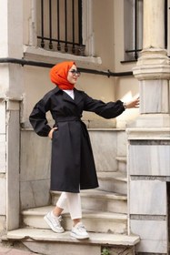 Resim Vibeys Collection Siyah İçi Çizgili Balon Kol Kadın Trençkot 